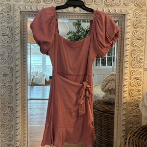 Puff Sleeve Wrap Mini Dress in Dusty Rose